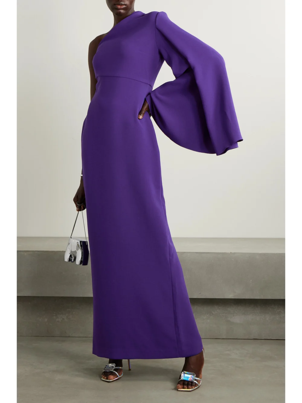 Solace London Elisa One-sleeve Crepe Gown, worn by a model