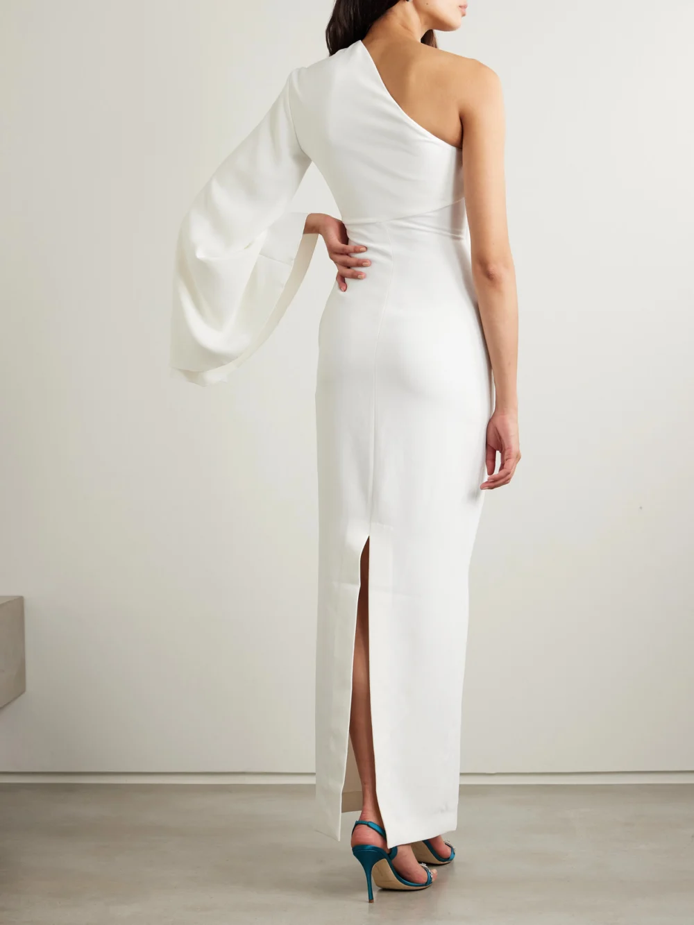 Back view of the Solace London Elisa One-sleeve Crepe Gown