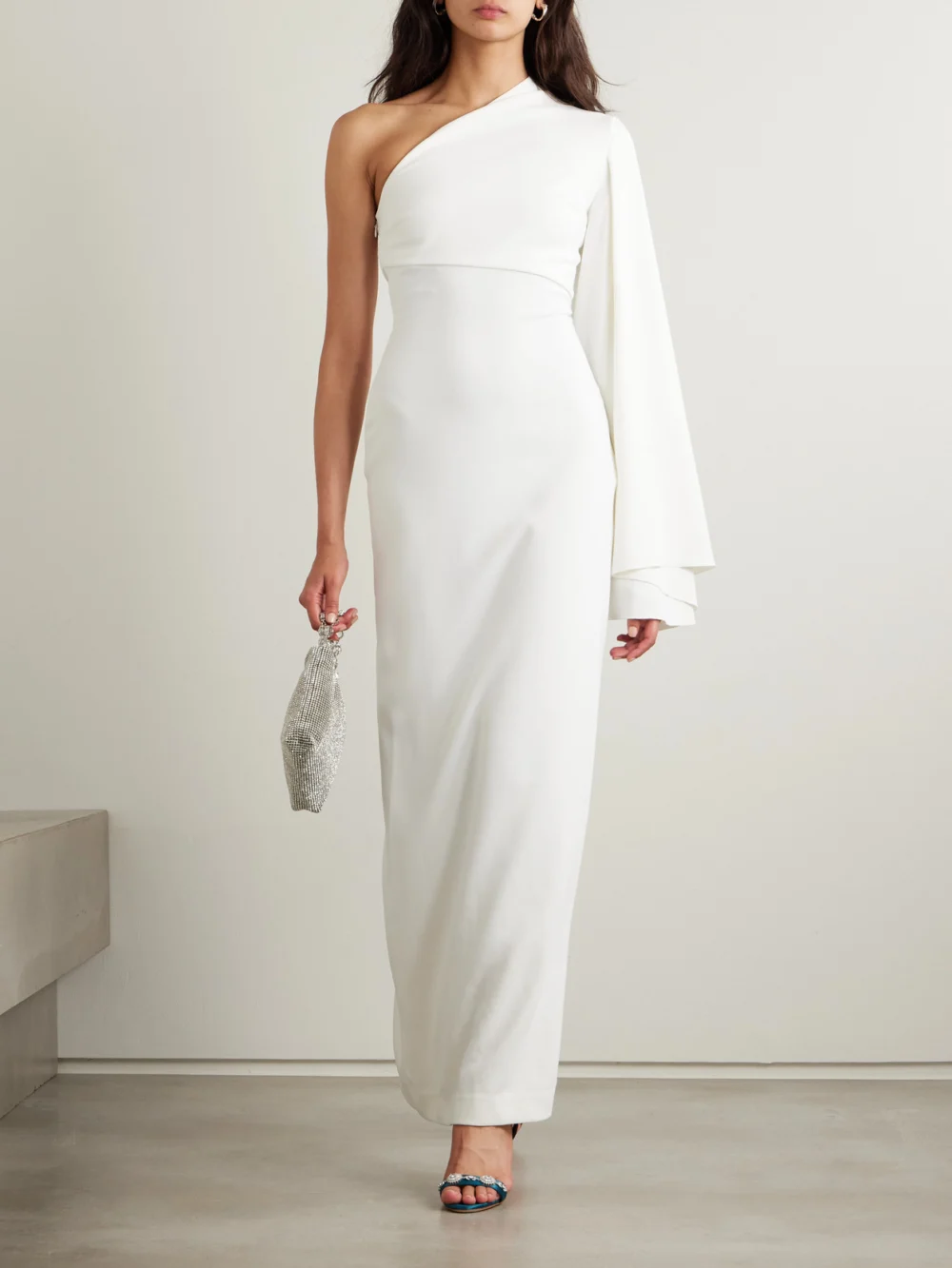 Solace London Elisa One-sleeve Crepe Gown, worn by a model