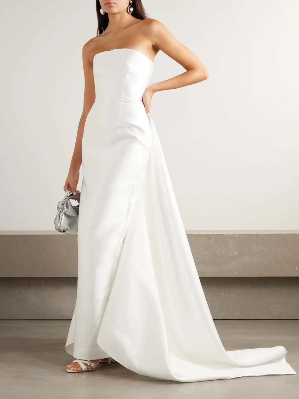 Solace London Imani Strapless Pleated Twill Gown, worn by a model