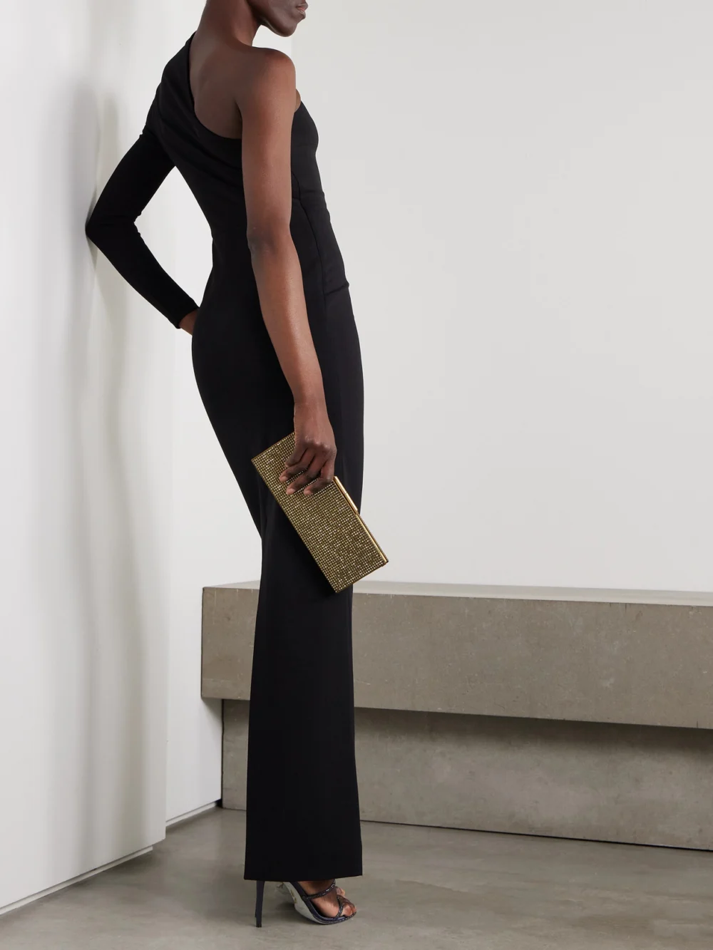 Back view of the Solace London Joana One-sleeve Crepe Gown