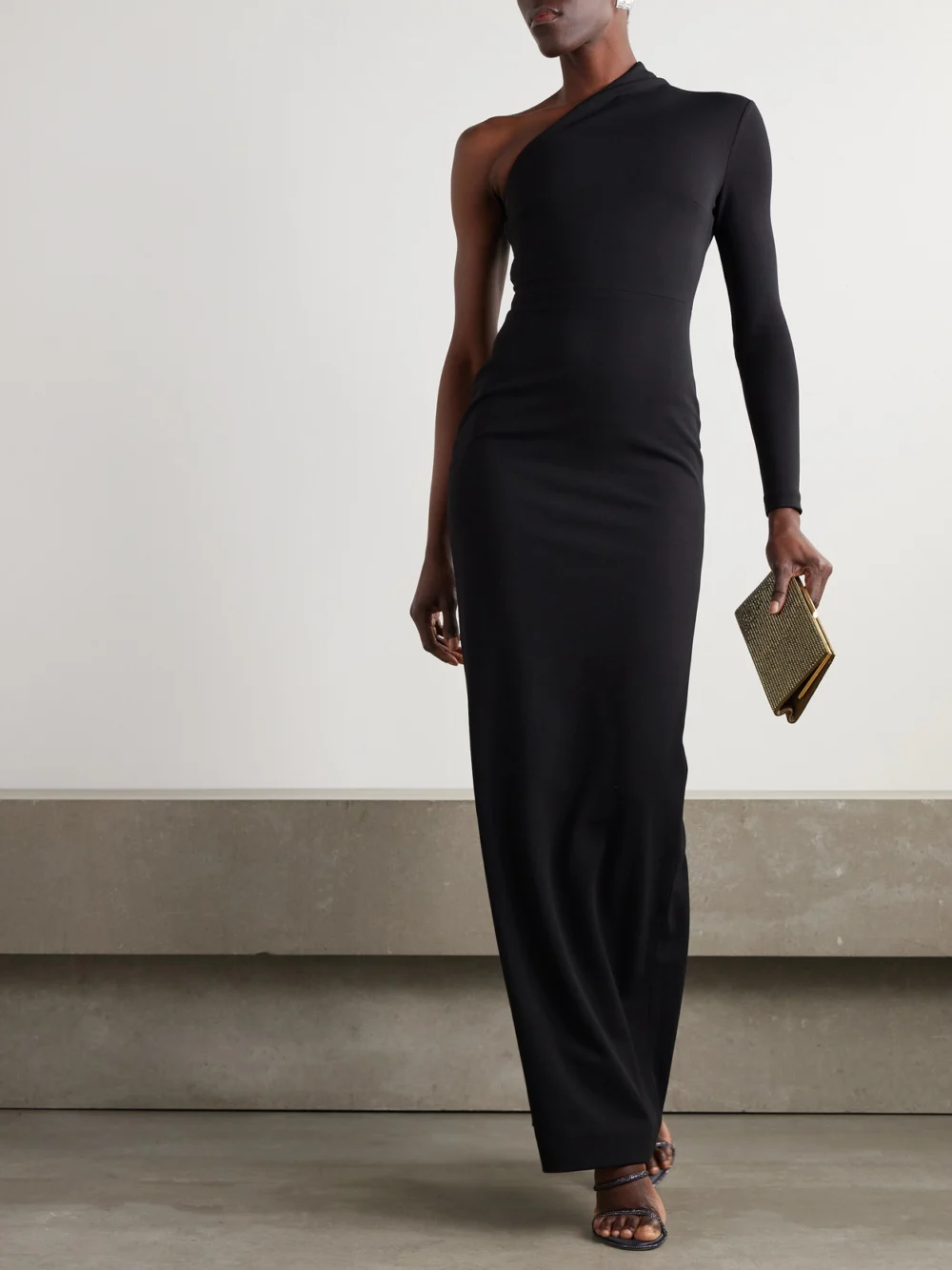 Solace London Joana One-sleeve Crepe Gown, worn by a model