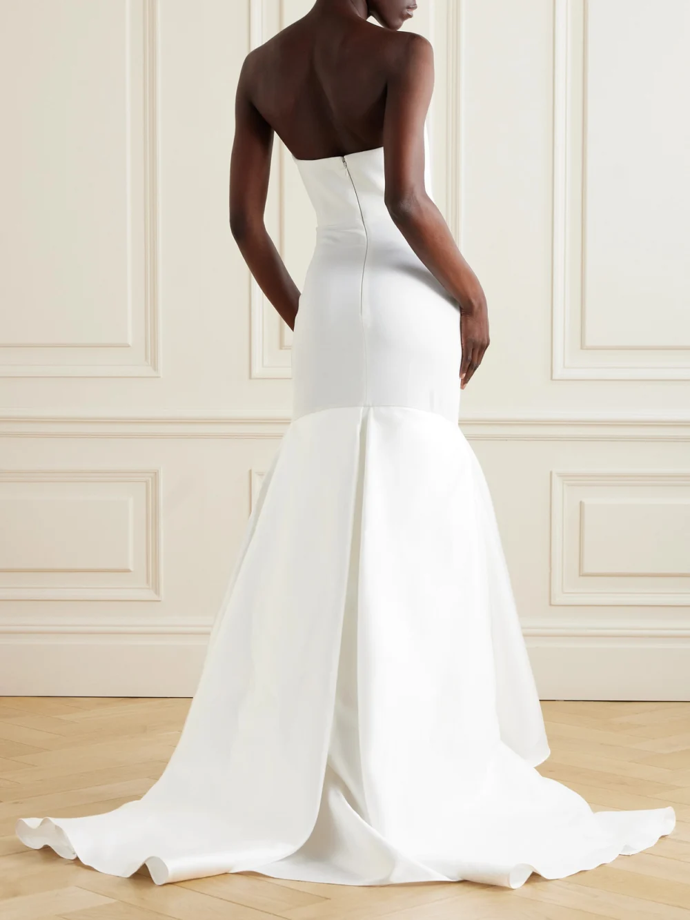 Back view of the Solace London Jodi Strapless Crepe and Satin-twill Gown