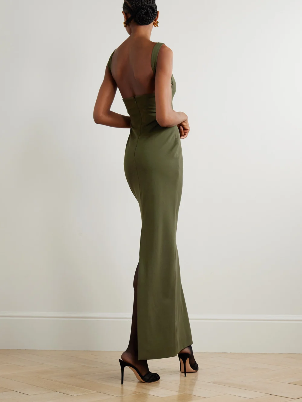 Back view of the Solace London Joni Stretch-crepe Maxi Dress