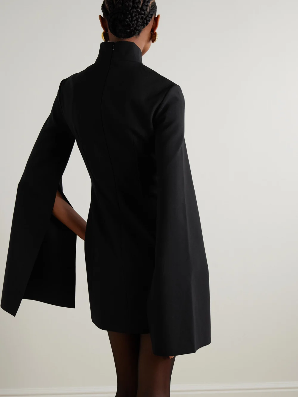 Back view of the Solace London Laurel Crepe Mock-neck Mini Dress