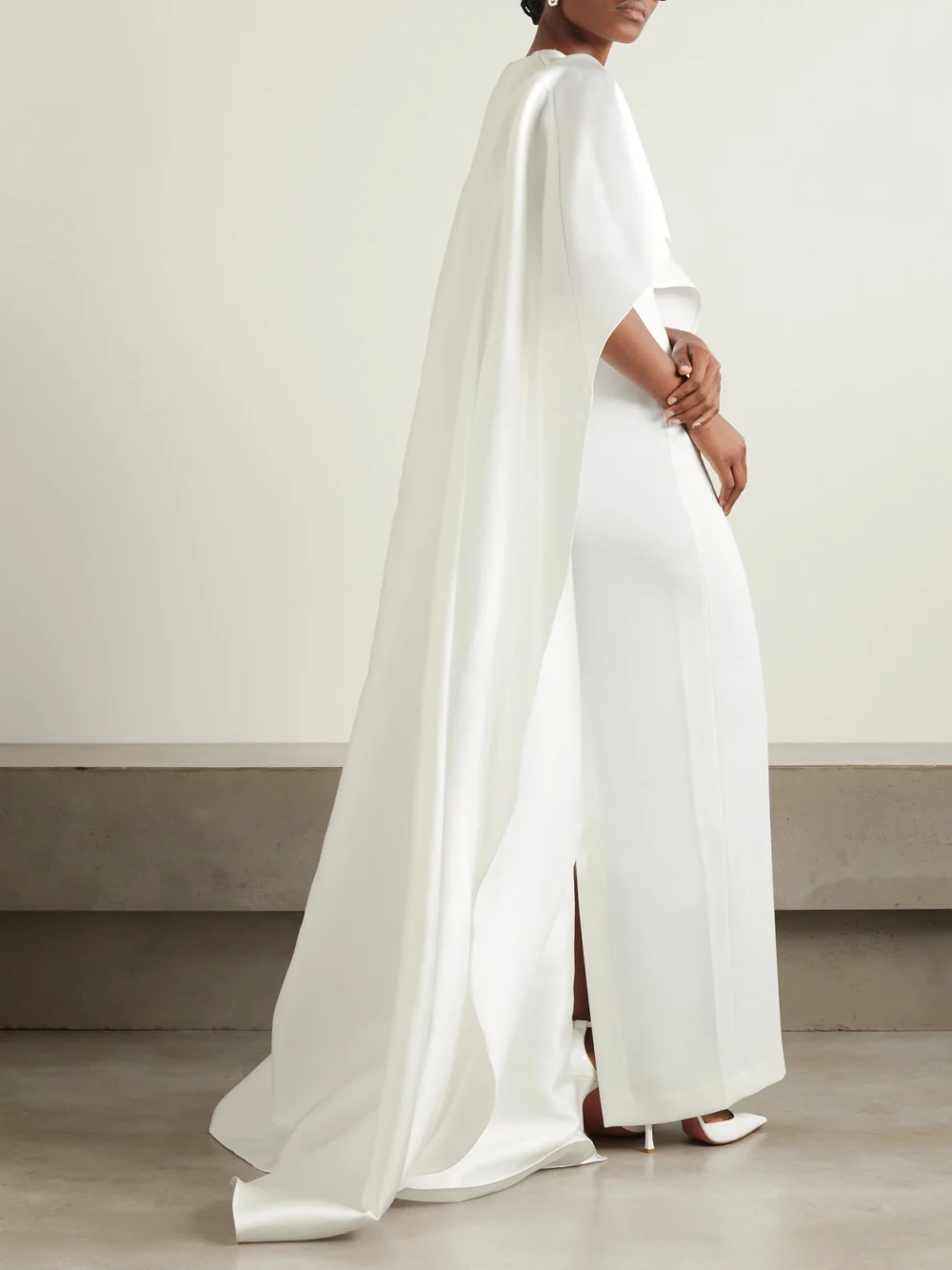 Back view of the Solace London Leni Cape-effect Crepe and Faille Gown