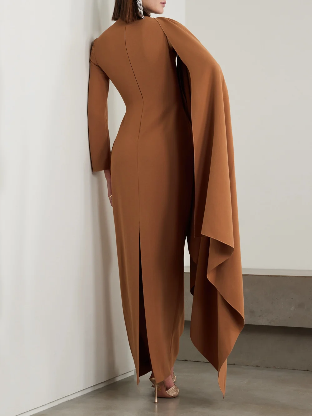 Back view of the Solace London Lydia Asymmetric Draped Crepe Gown