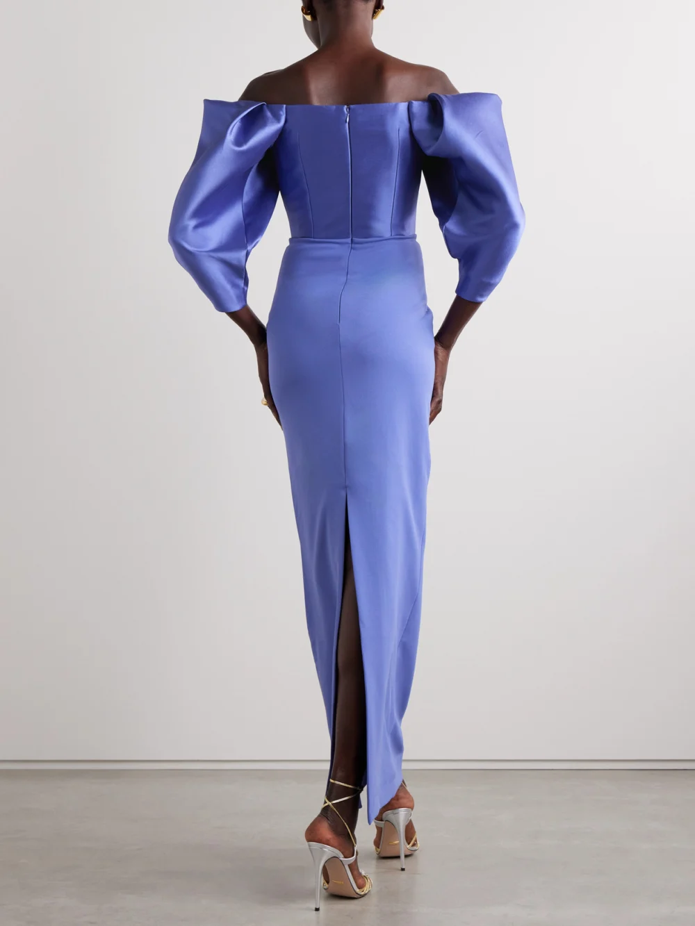 Back view of the Solace London Melina Off-the-shoulder Crepe and Satin-twill Gown