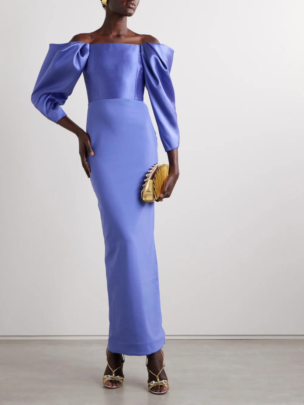 Solace London Melina Off-the-shoulder Crepe and Satin-twill Gown, worn by a model