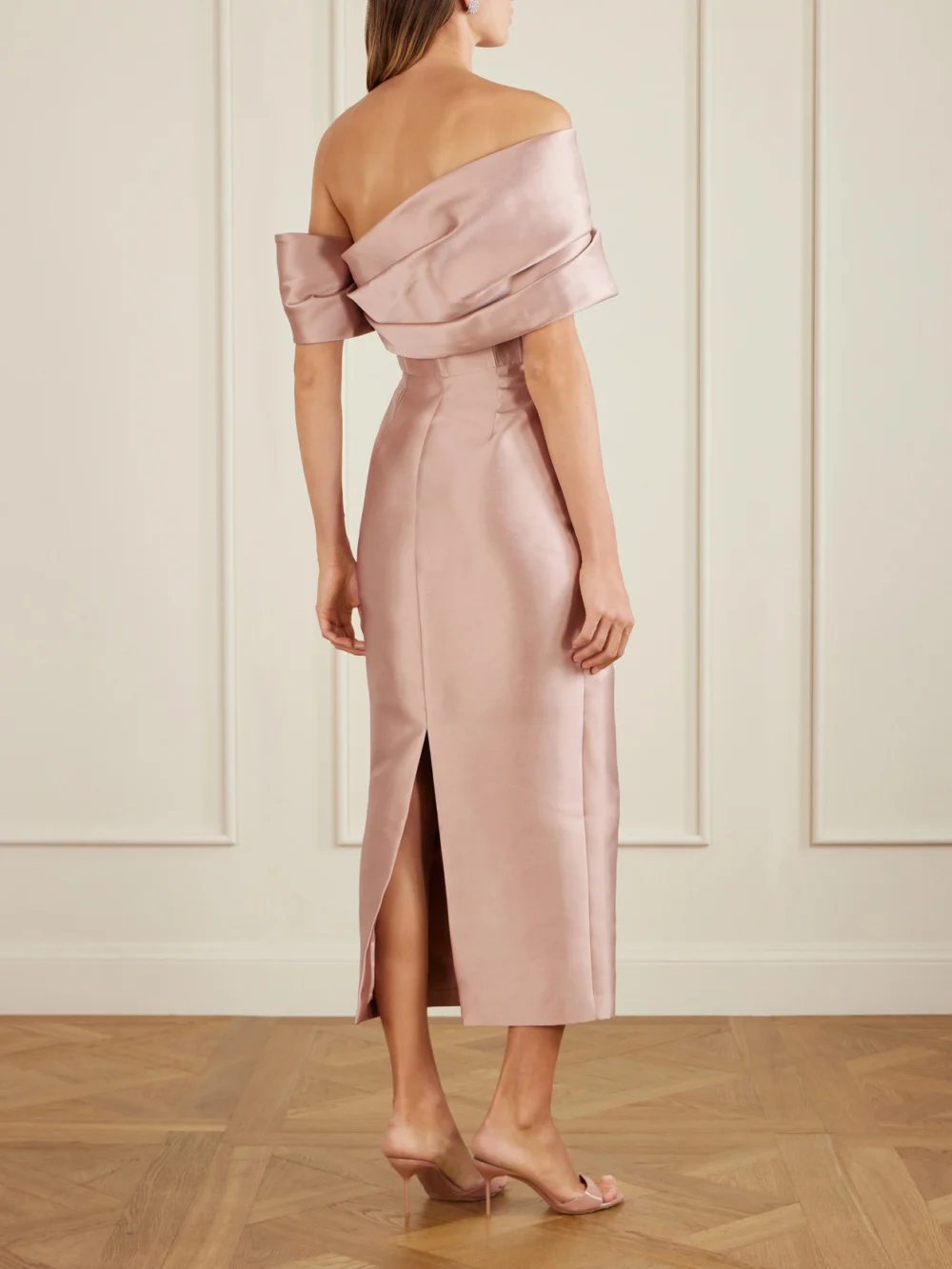 Back view of the Solace London Mirla Off-the-shoulder Faille Midi Dress