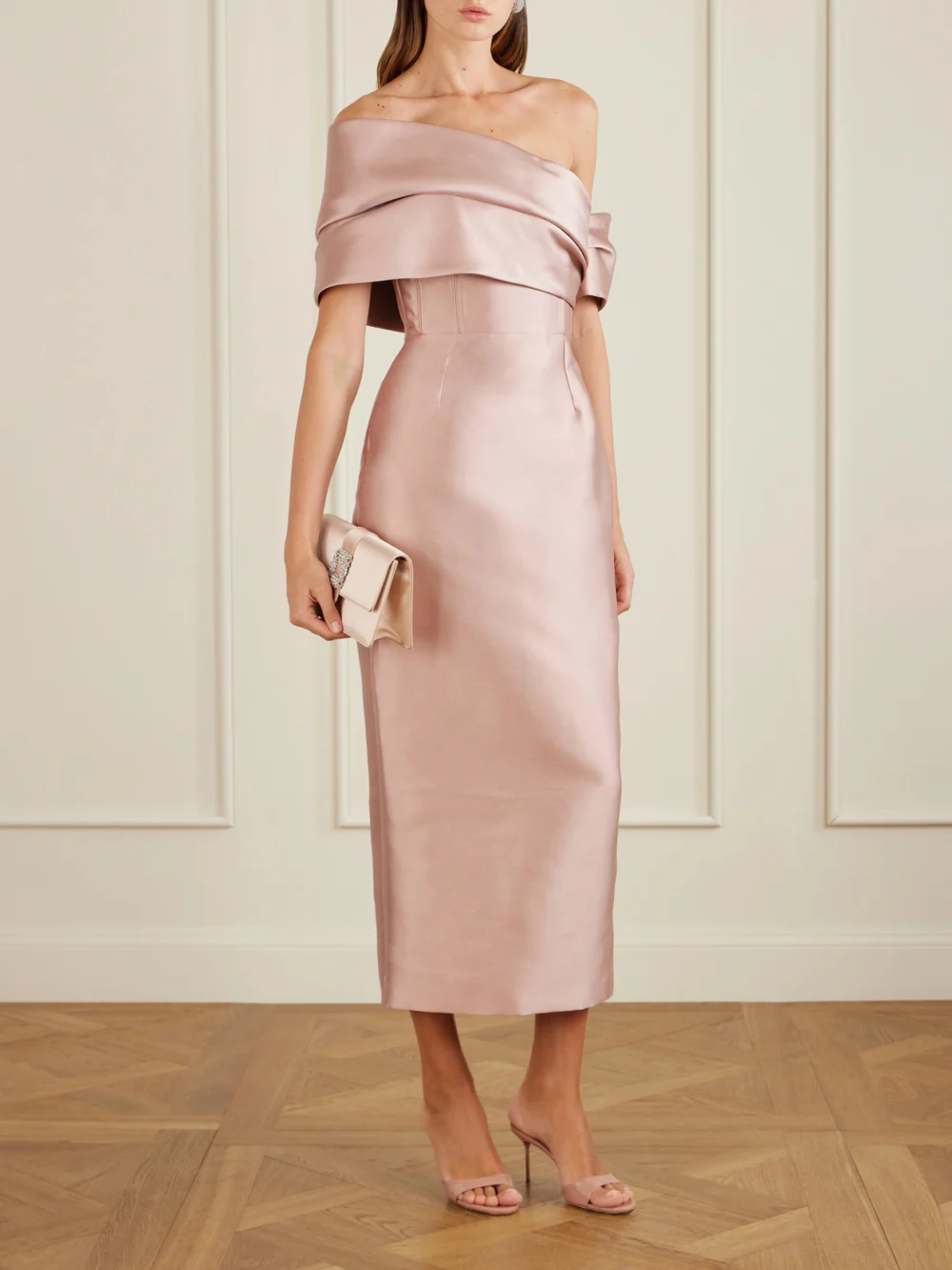 Solace London Mirla Off-the-shoulder Faille Midi Dress, worn by a model