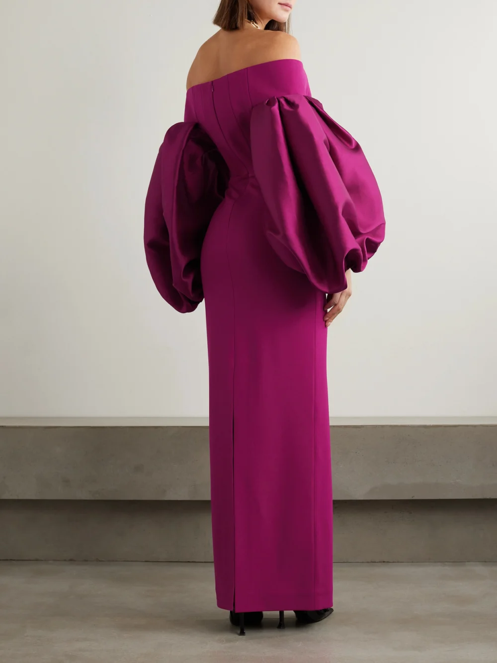 Back view of the Solace London Mora Off-the-shoulder Draped Crepe and Satin-twill Gown