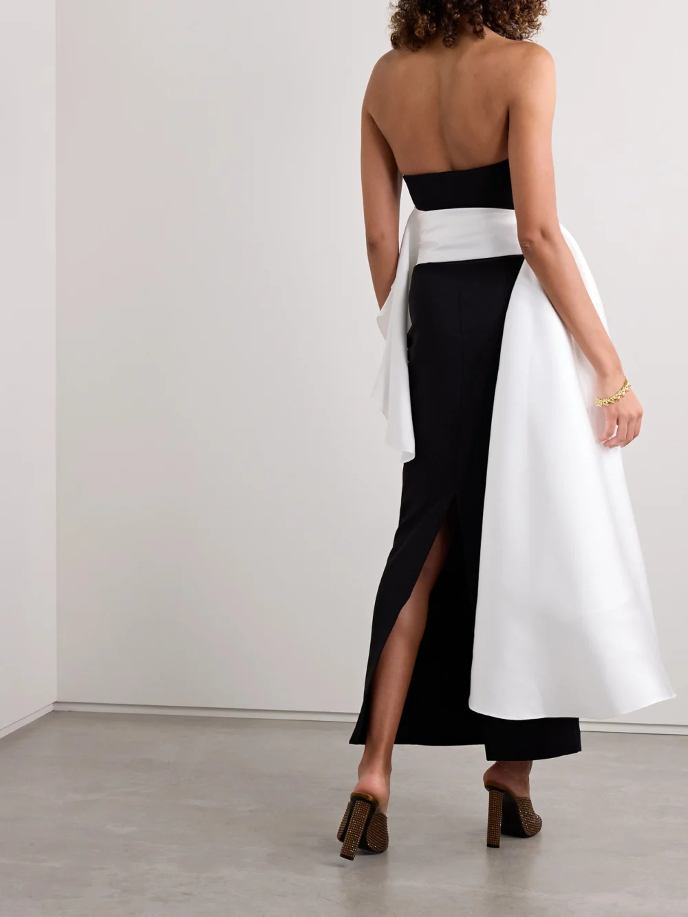 Back view of the Solace London Nala Strapless Crepe and Satin-faille Midi Dress