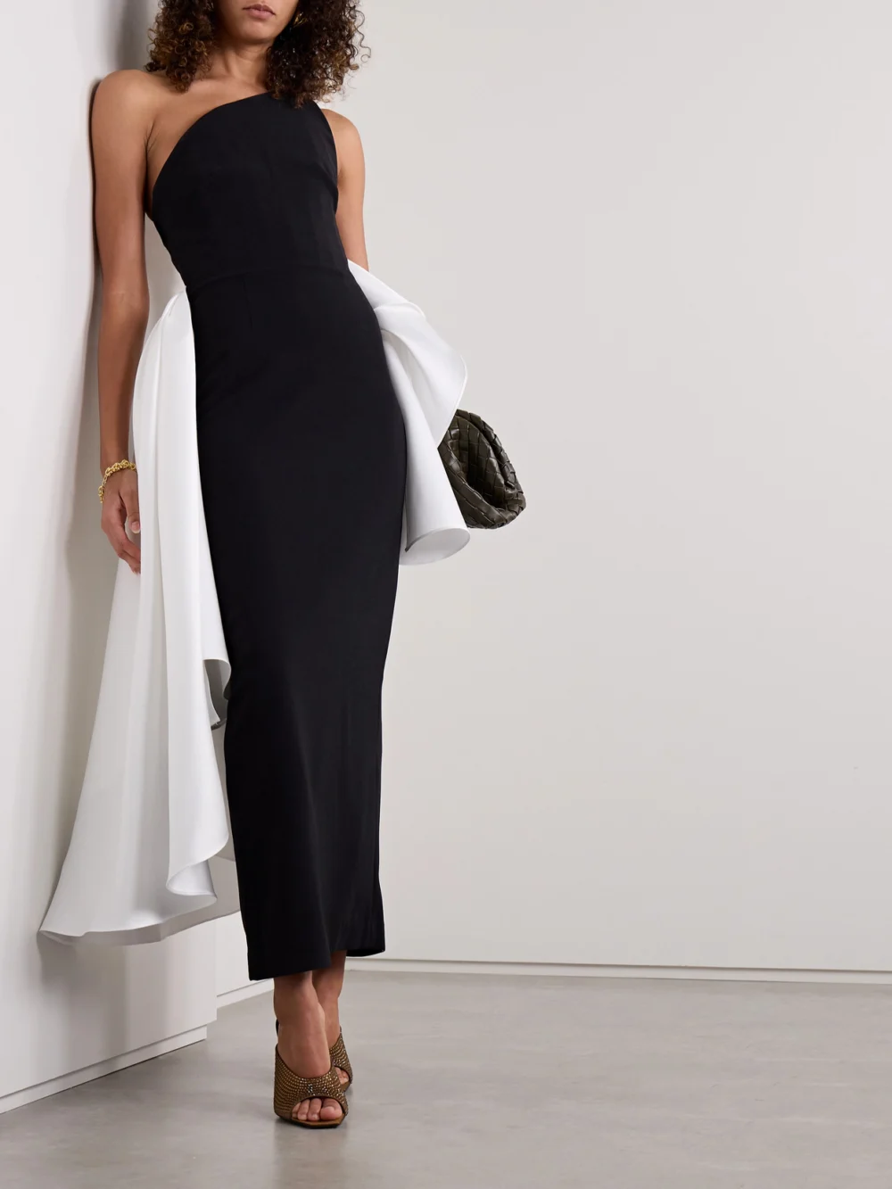 Solace London Nala Strapless Crepe and Satin-faille Midi Dress, worn by a model