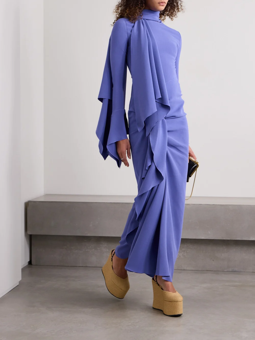 Solace London Nella Draped Ruched Crepe Maxi Dress, worn by a model