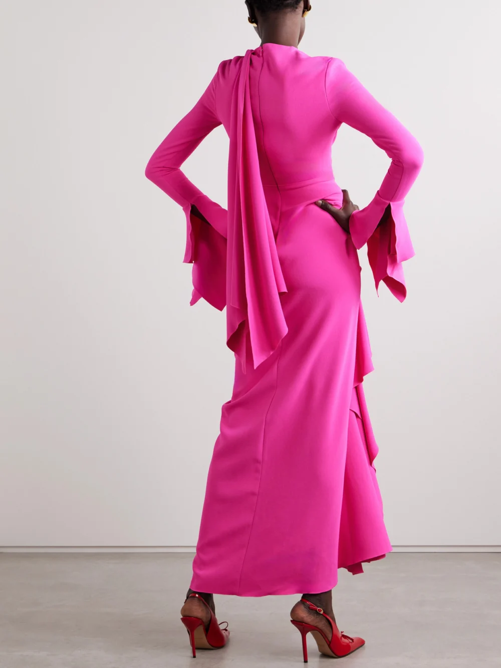 Back view of the Solace London Nella Tie-neck Ruffled Crepe Gown