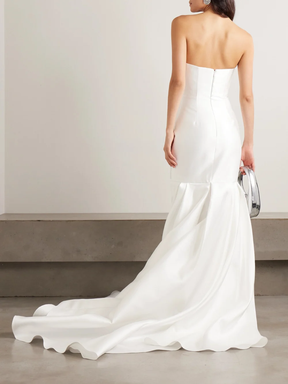 Back view of the Solace London Neva Strapless Satin-twill Gown