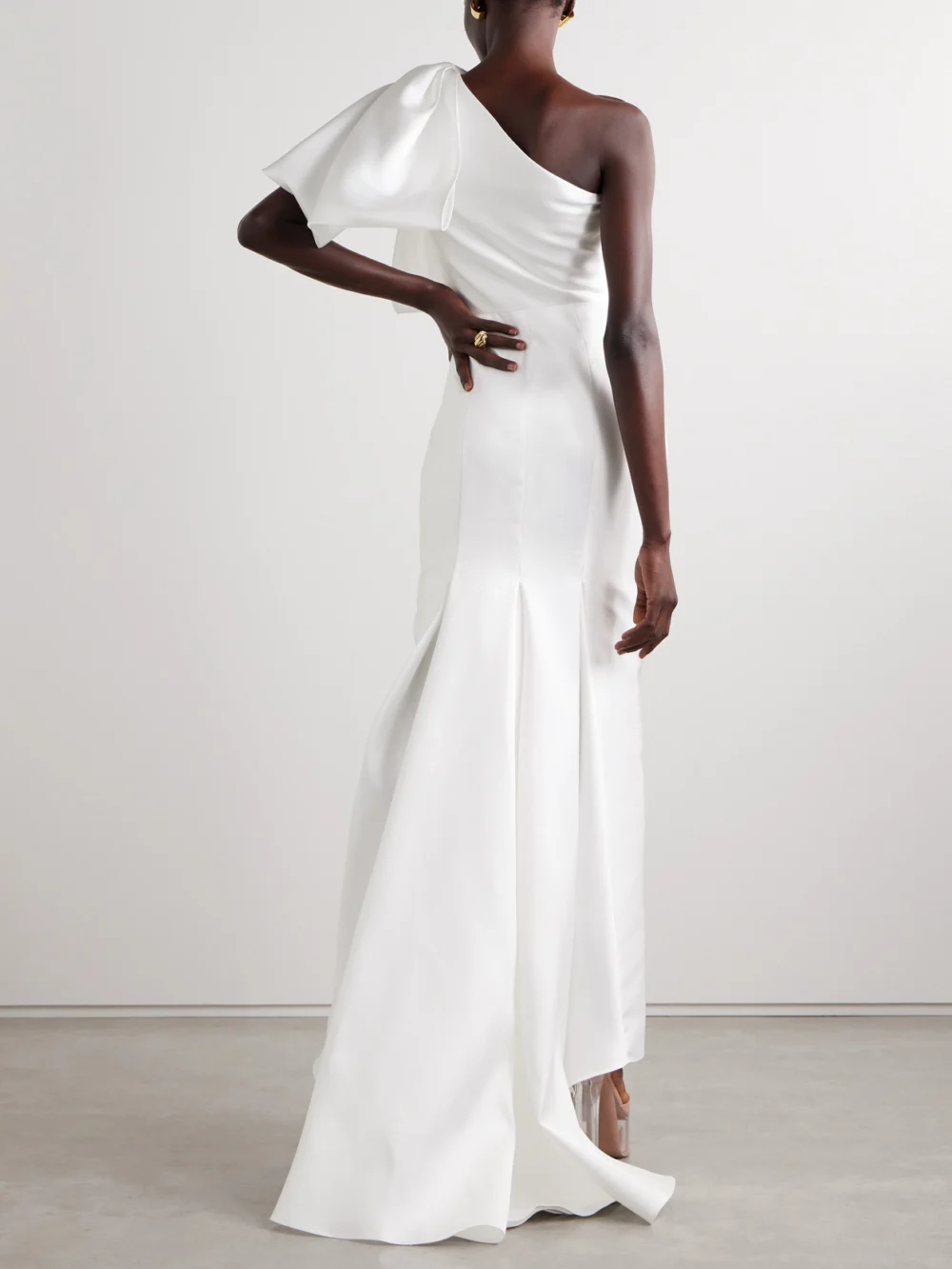 Back view of the Solace London Priya One-shoulder Gathered Satin-twill Gown