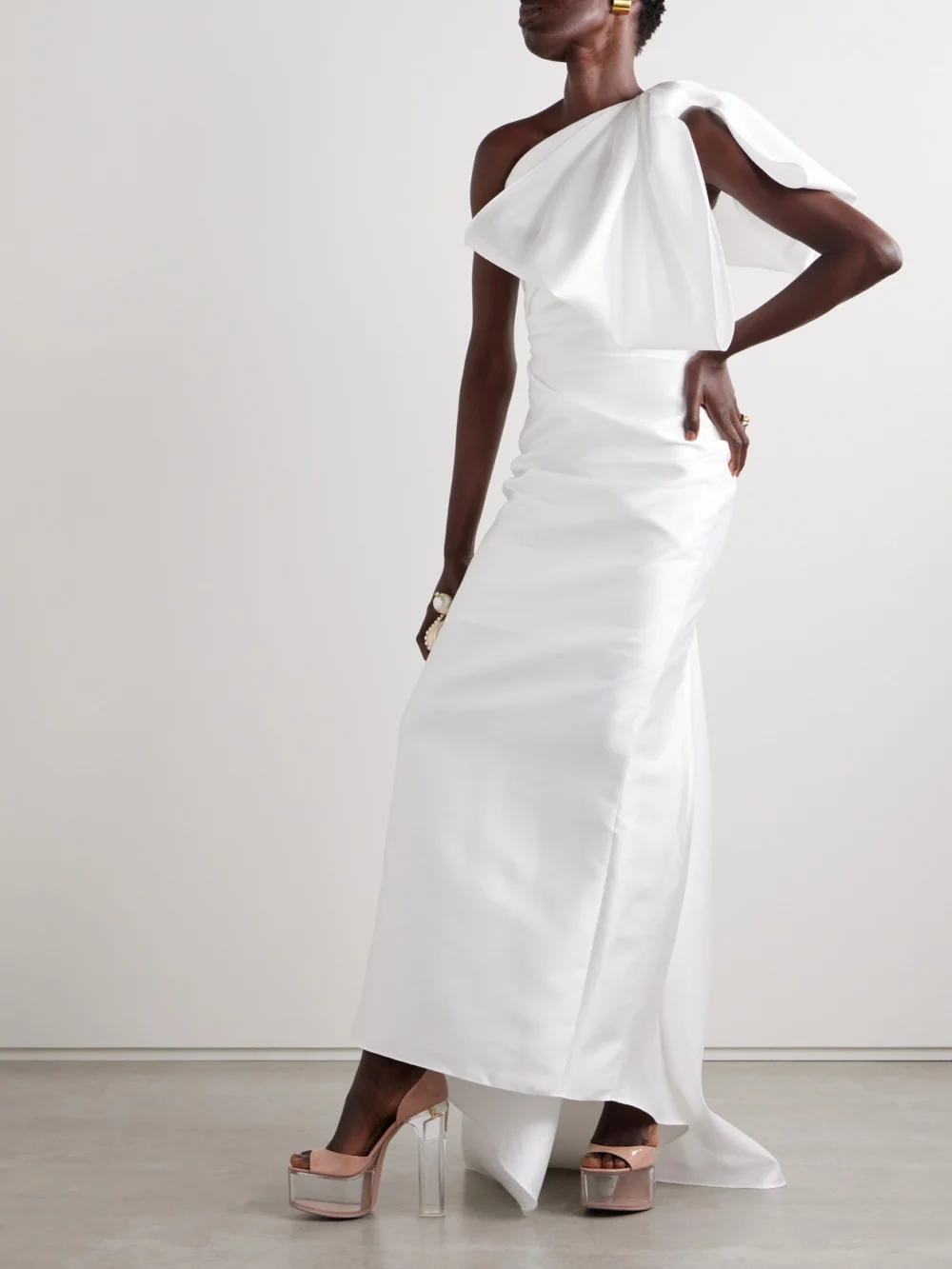 Solace London Priya One-shoulder Gathered Satin-twill Gown, worn by a model