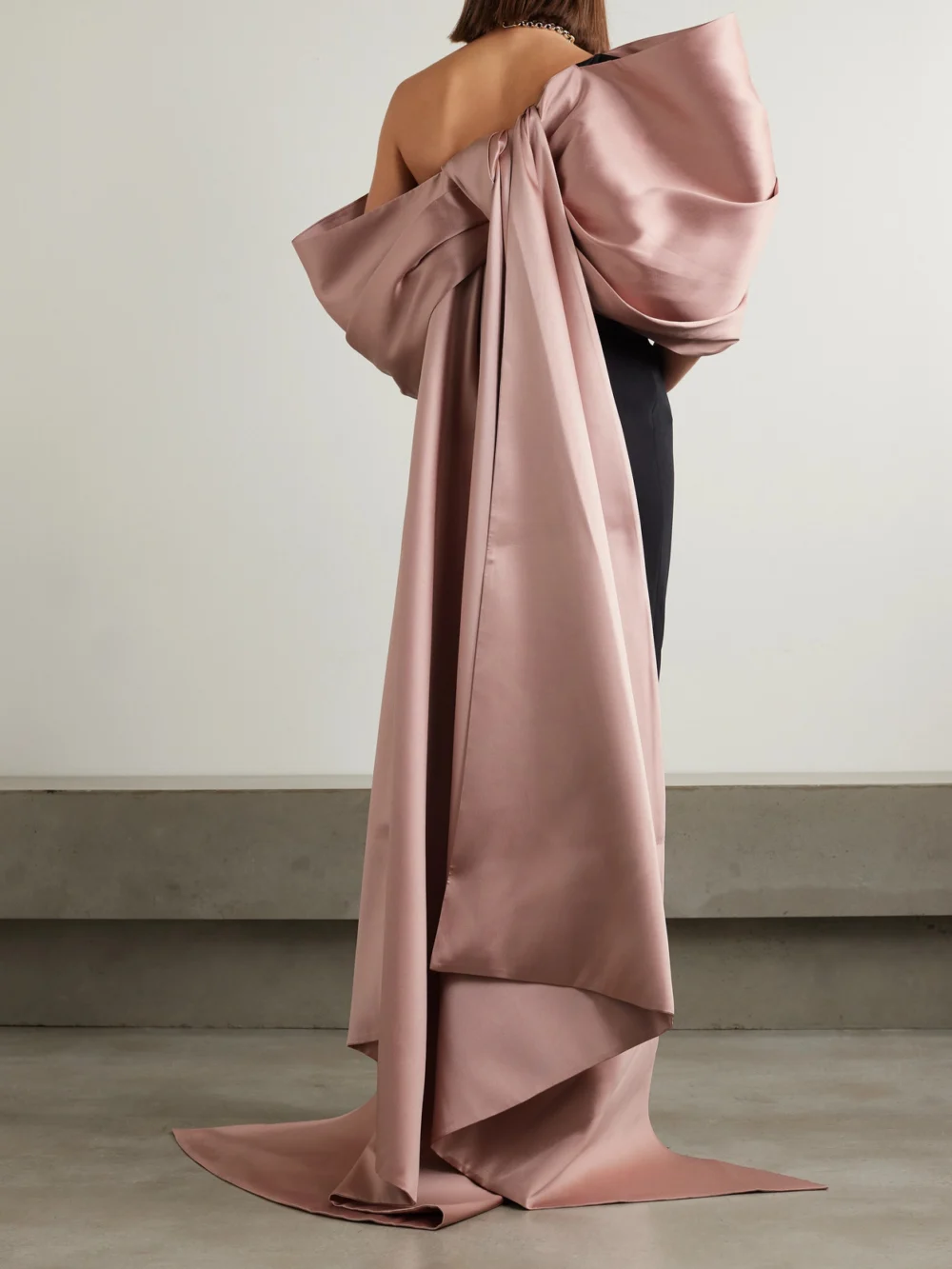 Back view of the Solace London Raye Off-the-shoulder Draped Crepe and Satin-twill Gown