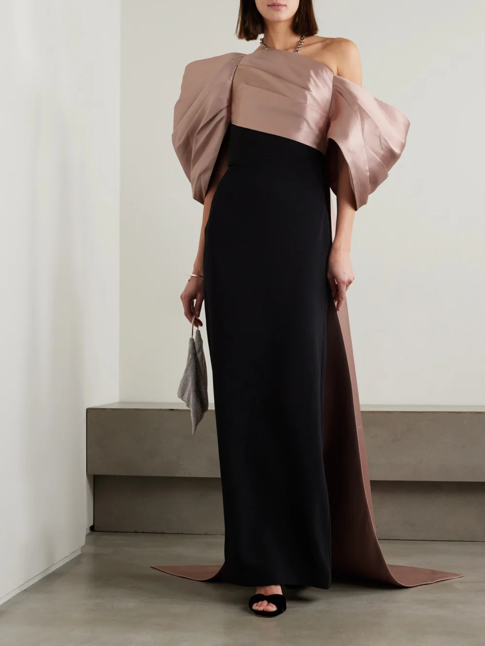 Solace London Raye Off-the-shoulder Draped Crepe and Satin-twill Gown, worn by a model