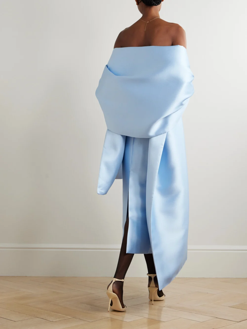 Back view of the Solace London Renee Cape-effect Satin Midi Dress