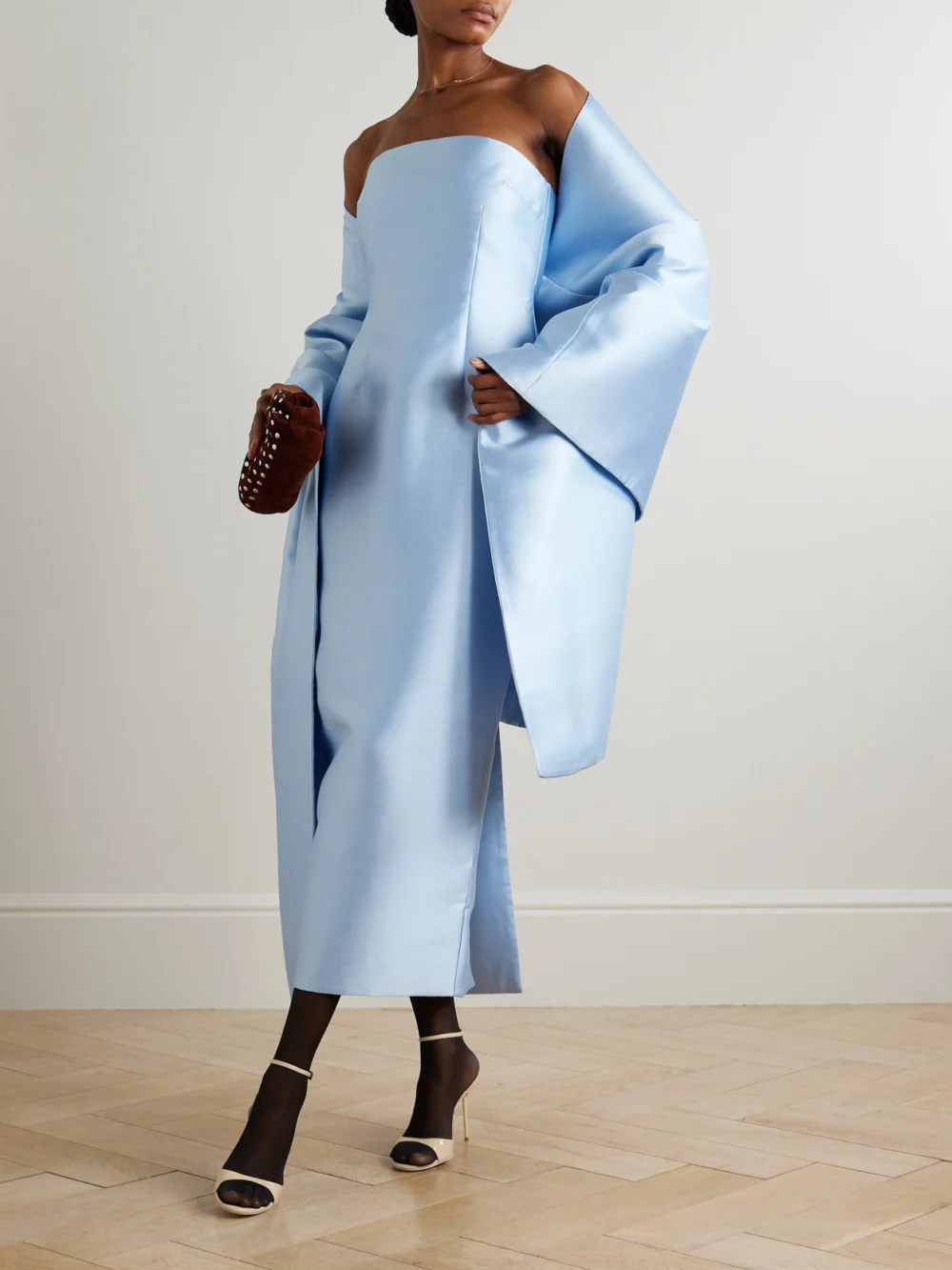 Solace London Renee Cape-effect Satin Midi Dress, worn by a model