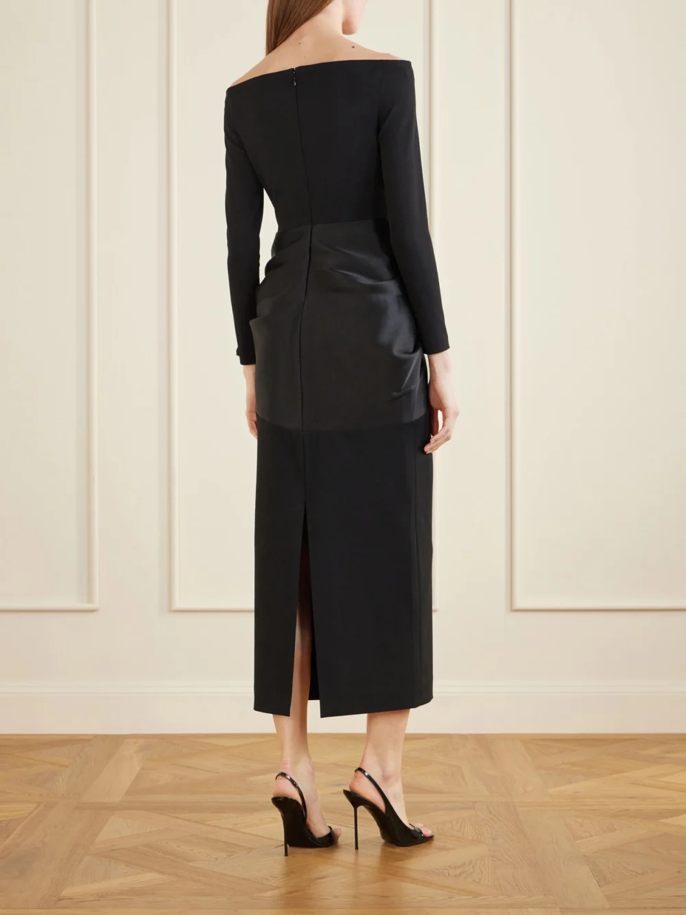 Back view of the Solace London Rhianne Gathered Satin and Crepe Midi Dress
