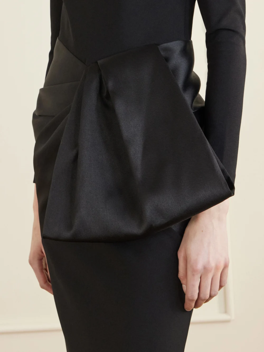 Close-up detail of the Solace London Rhianne Gathered Satin and Crepe Midi Dress