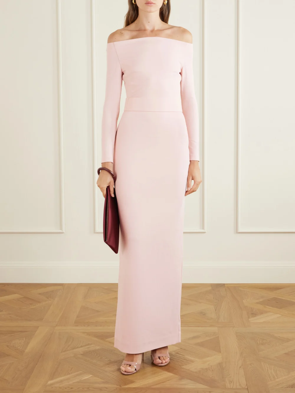 Solace London Sabina Off-the-shoulder Stretch-crepe Maxi Dress, worn by a model