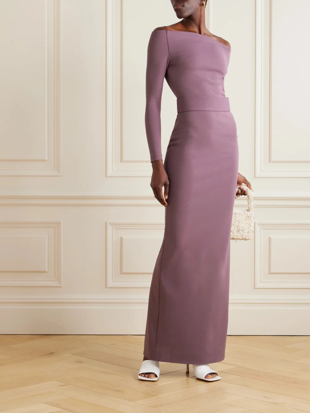 Solace London Sabina Off-the-shoulder Stretch-crepe Maxi Dress, worn by a model