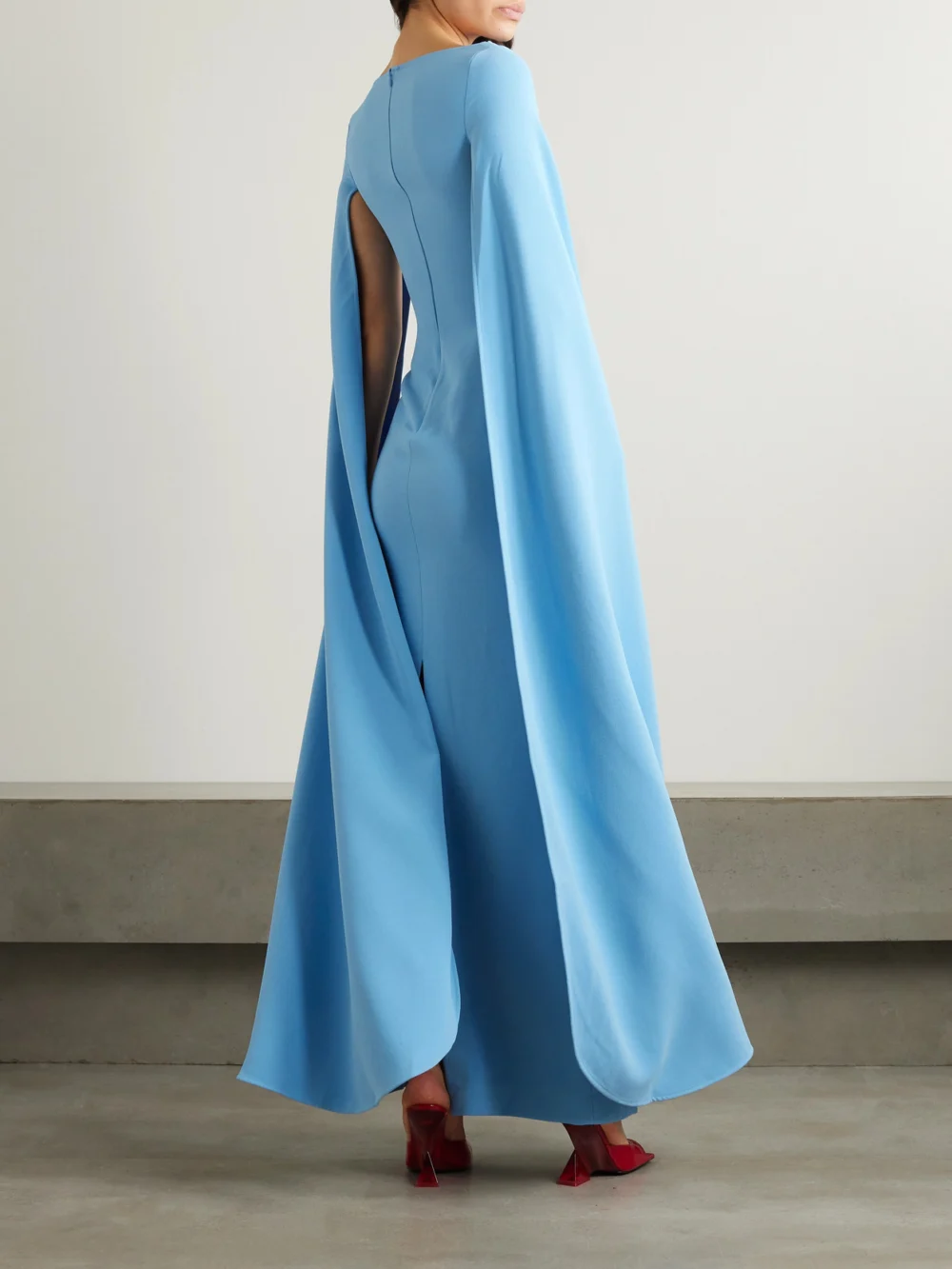 Back view of the Solace London Sadie Cape-effect Crepe Gown