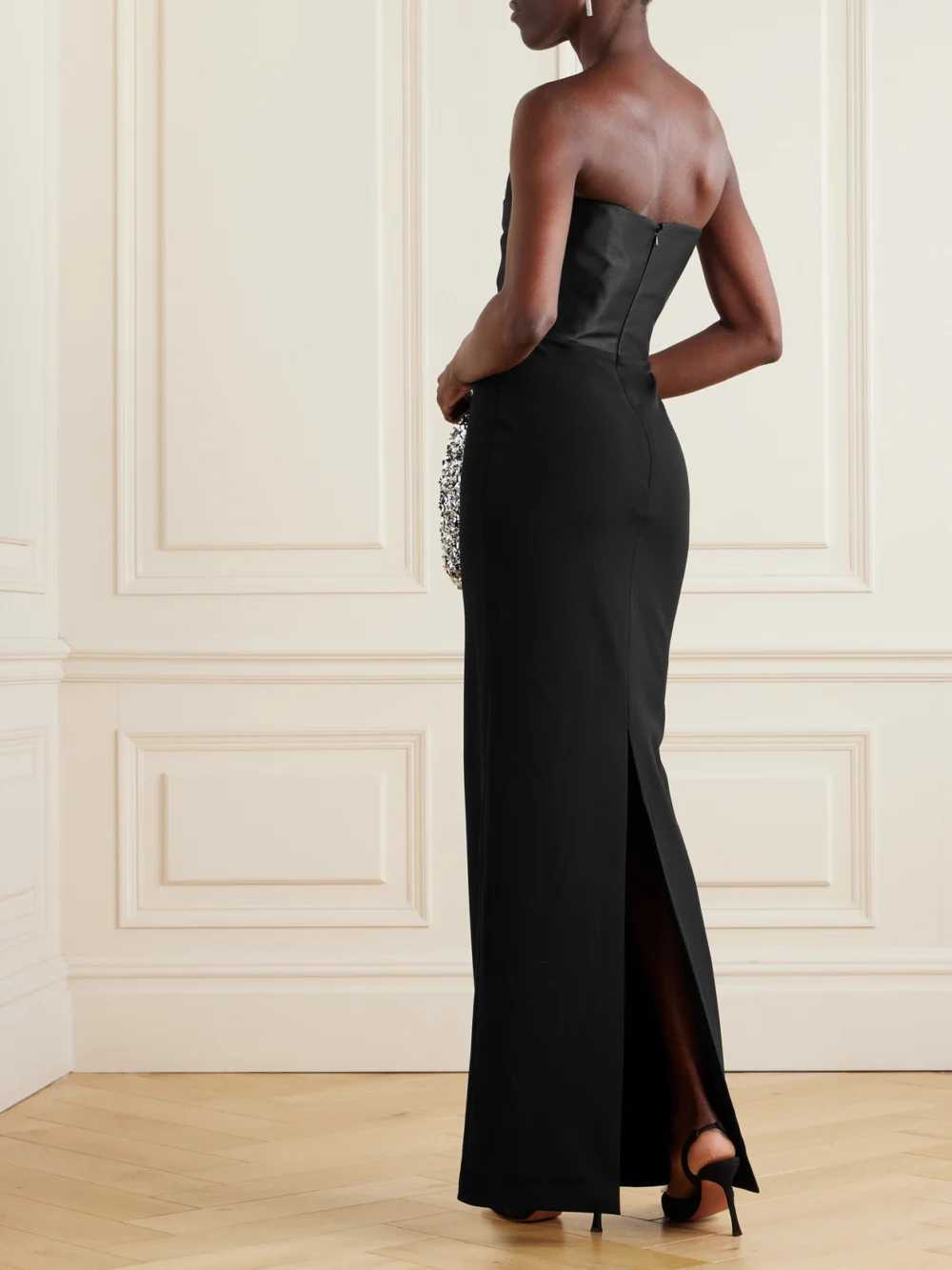 Back view of the Solace London Satin Twill-trimmed Crepe Gown