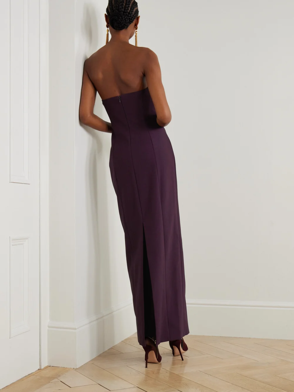 Back view of the Solace London Senna Strapless Crepe Maxi Dress