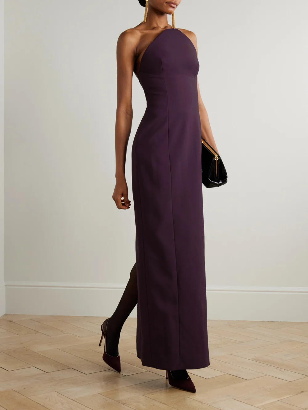 Solace London Senna Strapless Crepe Maxi Dress, worn by a model