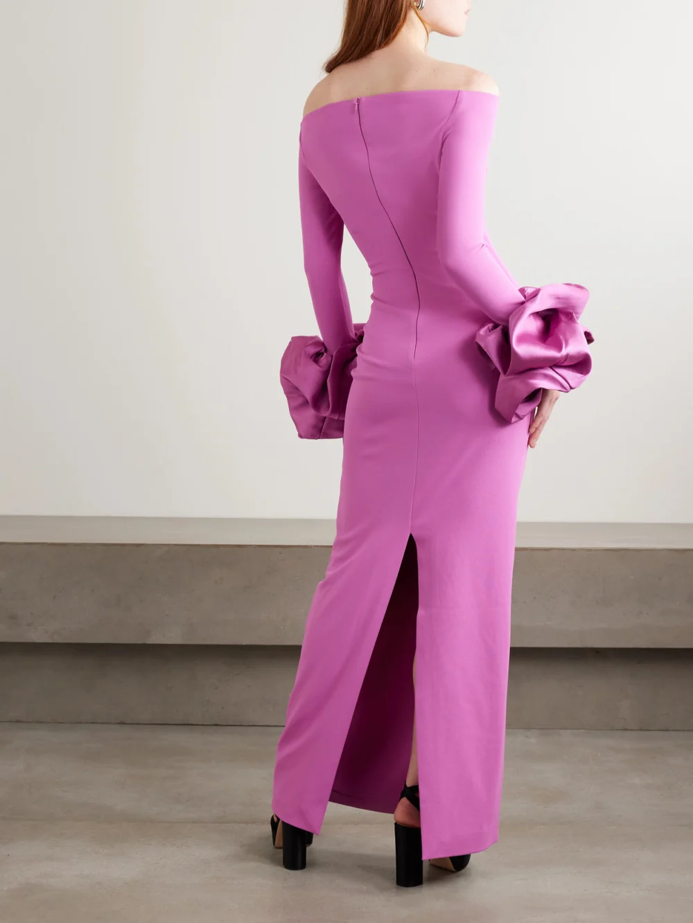 Back view of the Solace London Talia Off-the-shoulder Faille-trimmed Crepe Gown