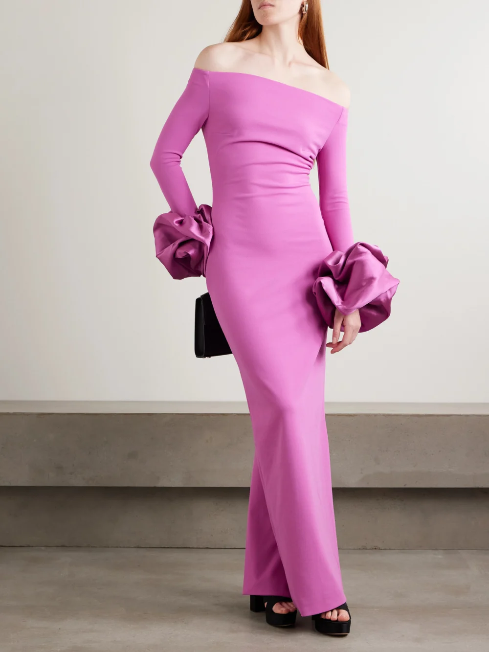 Solace London Talia Off-the-shoulder Faille-trimmed Crepe Gown, worn by a model