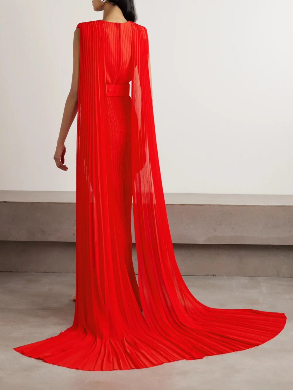 Back view of the Solace London Tavia Cape-effect Pleated Chiffon Gown