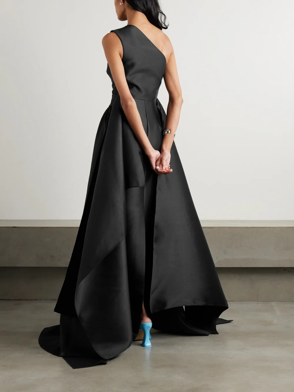 Back view of the Solace London The Charo One-shoulder Draped Satin-twill Gown