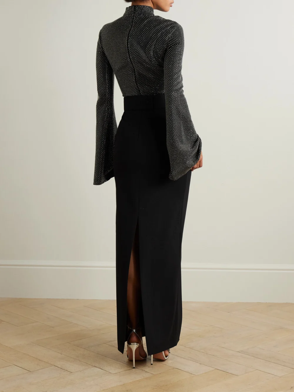 Back view of the Solace London The Lolo Crystal-embellished Crepe Gown