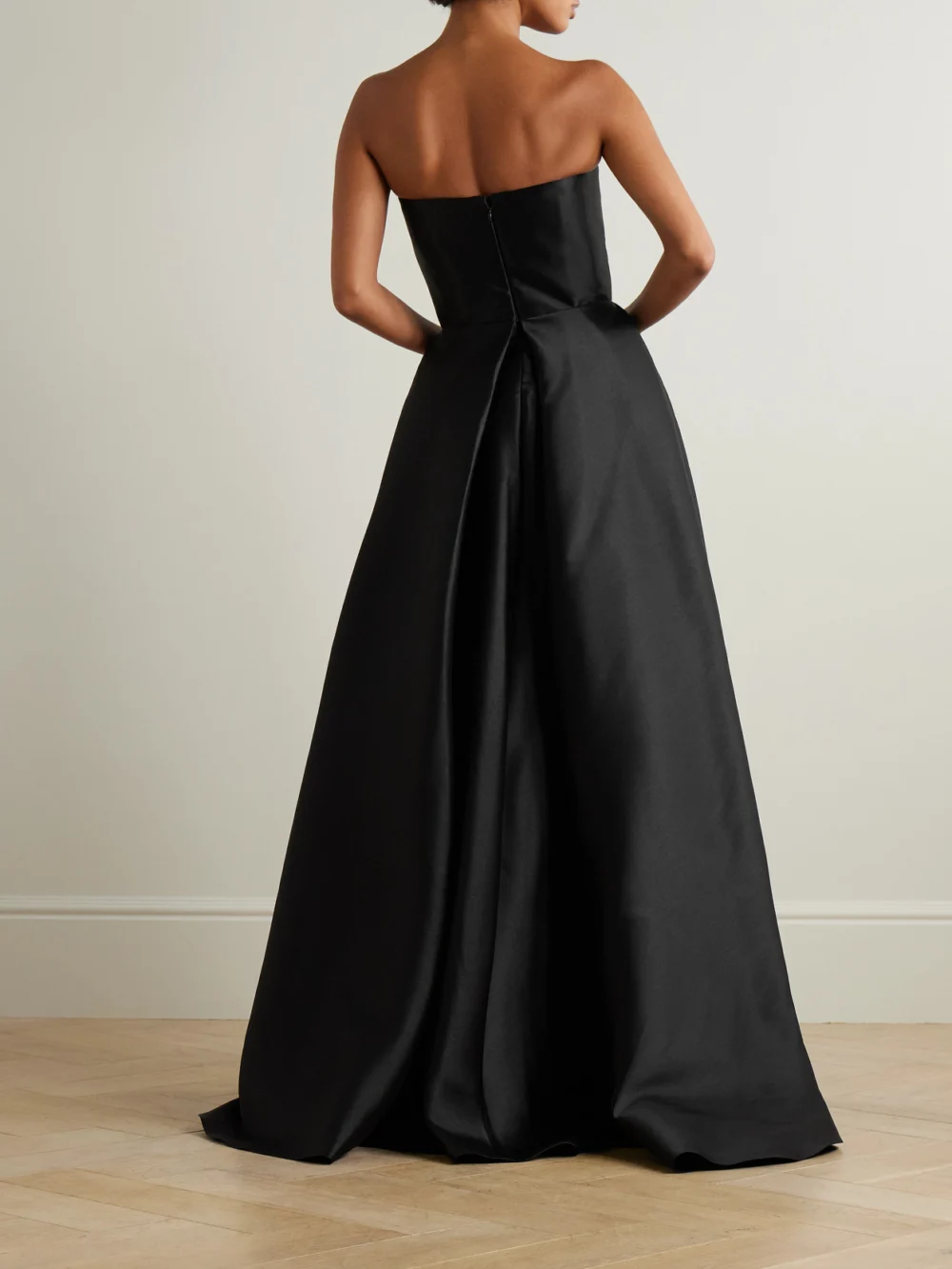 Back view of the Solace London Tiffany Crystal-embellished Strapless Pleated Satin-twill Gown