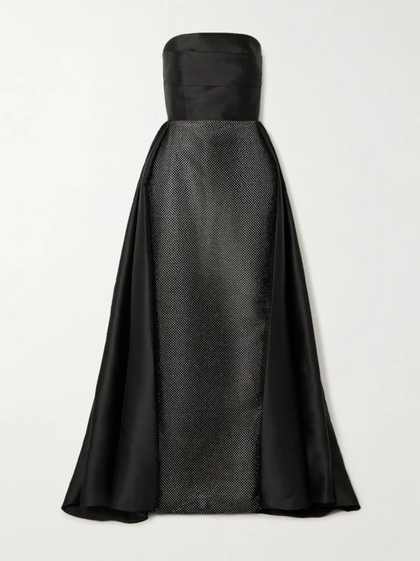 Solace London Tiffany Crystal-embellished Strapless Pleated Satin-twill Gown