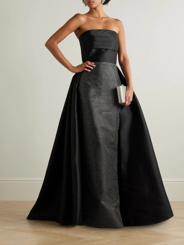 Solace London Tiffany Crystal-embellished Strapless Pleated Satin-twill Gown
