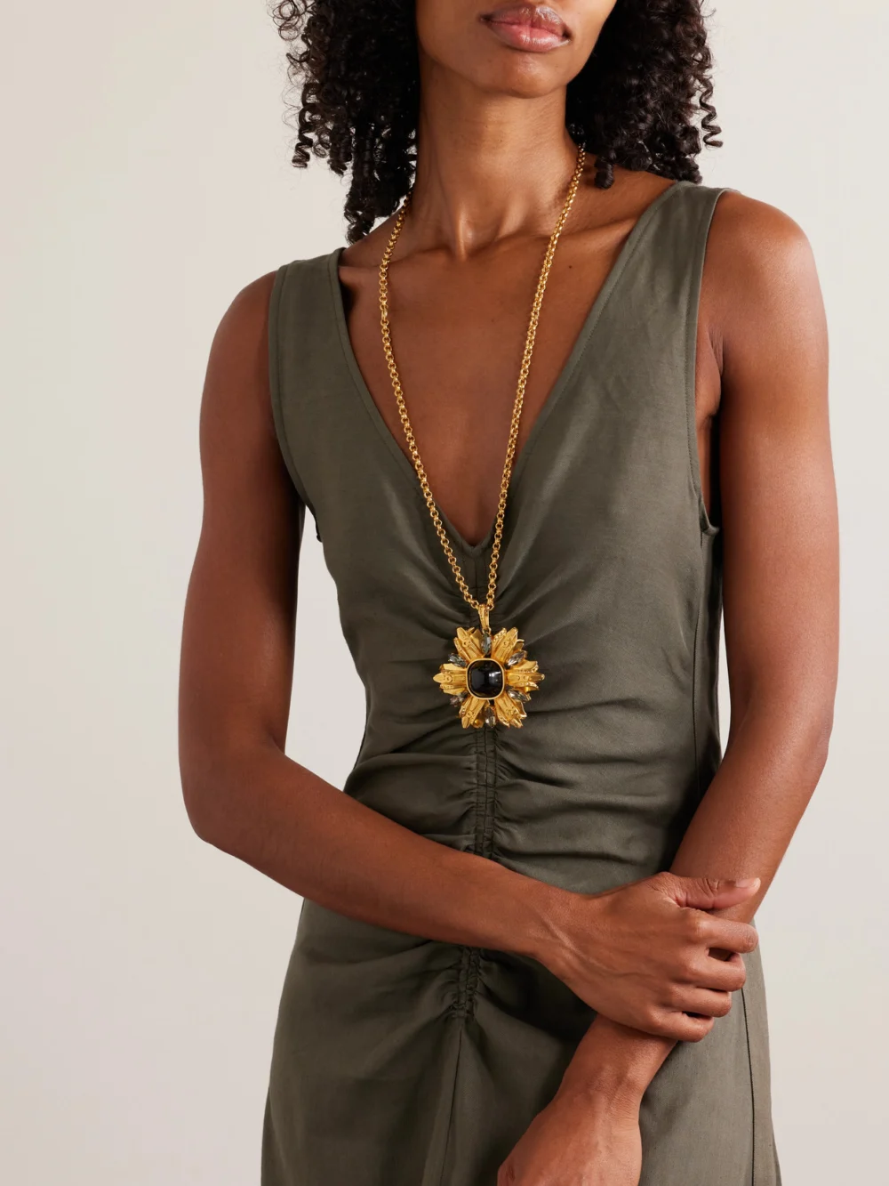 Sonia Petroff Black Lily Gold-plated, Enamel and Swarovski Crystal Necklace, styled view