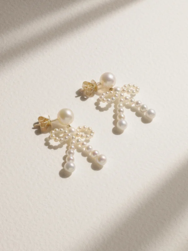 Sophie Bille Brahe Bow 14-karat Recycled Gold Pearl Earrings