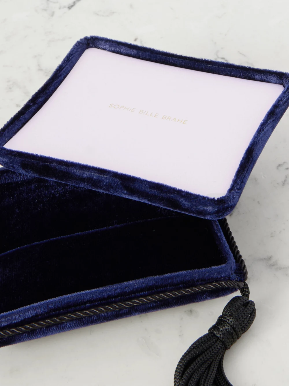 Close-up detail of the Sophie Bille Brahe Tasseled Velvet Jewelry Box