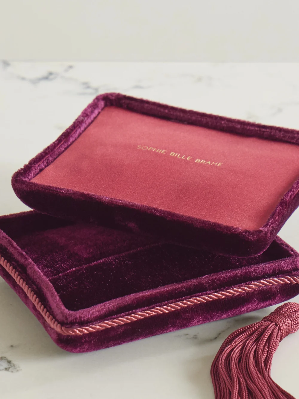 Close-up detail of the Sophie Bille Brahe Tasseled Velvet Jewelry Box