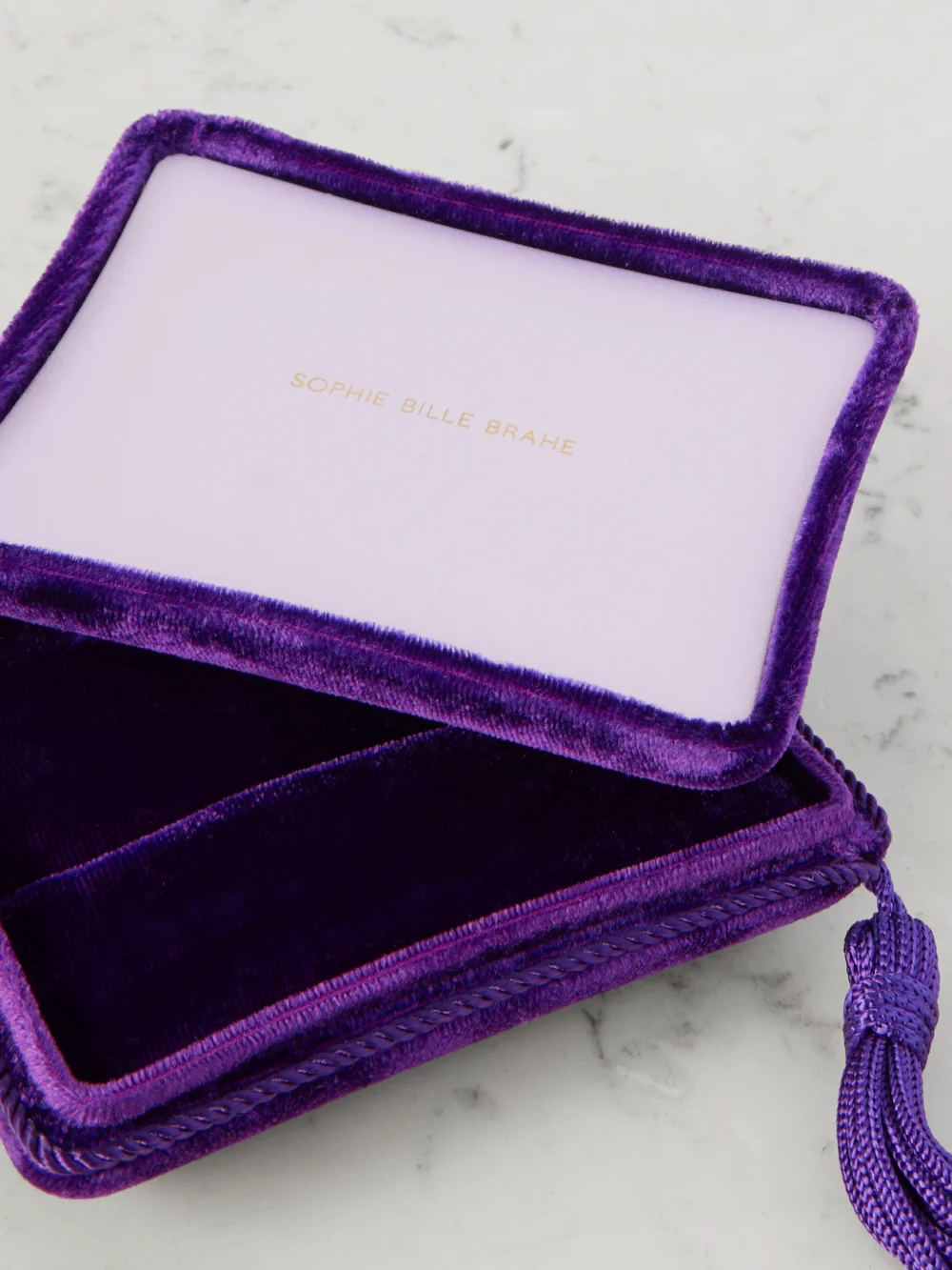 Close-up detail of the Sophie Bille Brahe Tasseled Velvet Jewelry Box