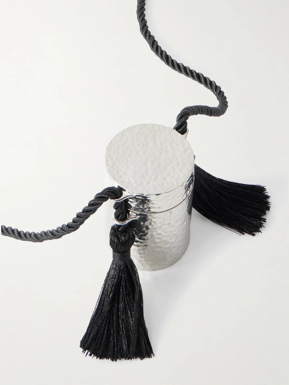 Close-up detail of the Sophie Buhai Boîte Silver and Tasseled Cord Necklace