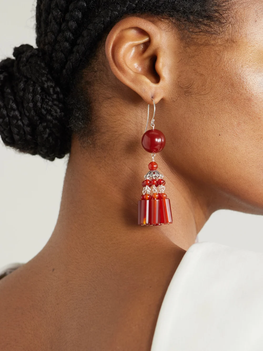 Sophie Buhai Flamenco Silver Carnelian Earrings, styled view